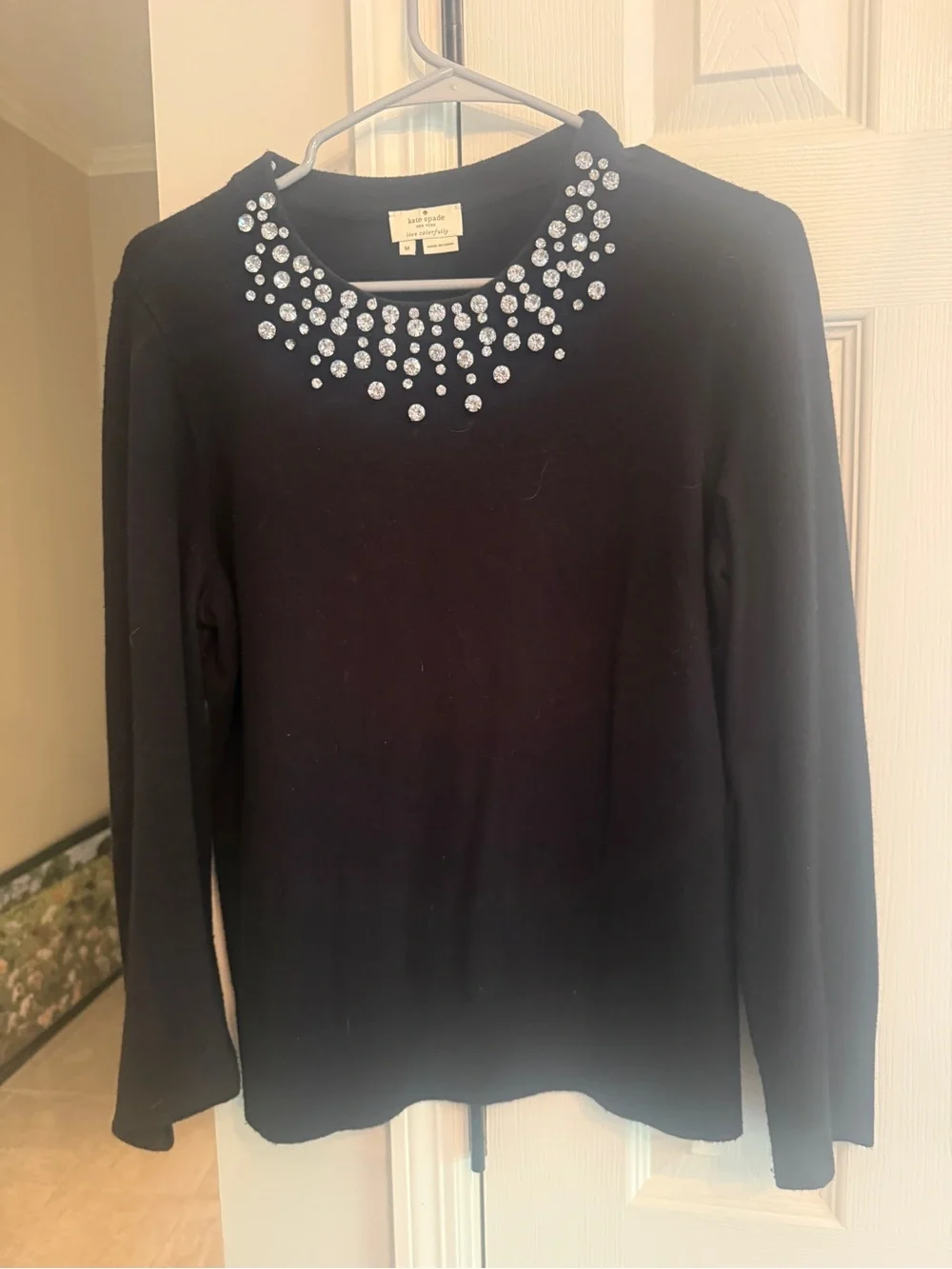kate spade Black Sweater with Crystal Cluster Necklace Detail